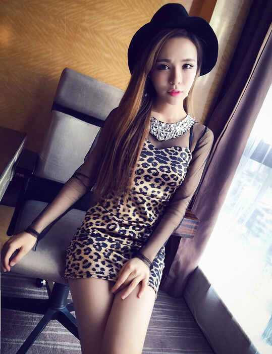 Elegant Dresses Winter Leopard Print Women Long Sleeve Backless - Coffee