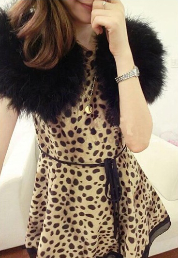Elegant Dresses Winter Leopard Print Women Long Sleeve Knee Length - Coffee