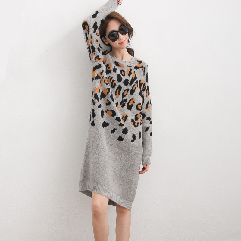 Elegant Dresses Winter Leopard Print Women Long Sleeve Shift Plus Size - Grey