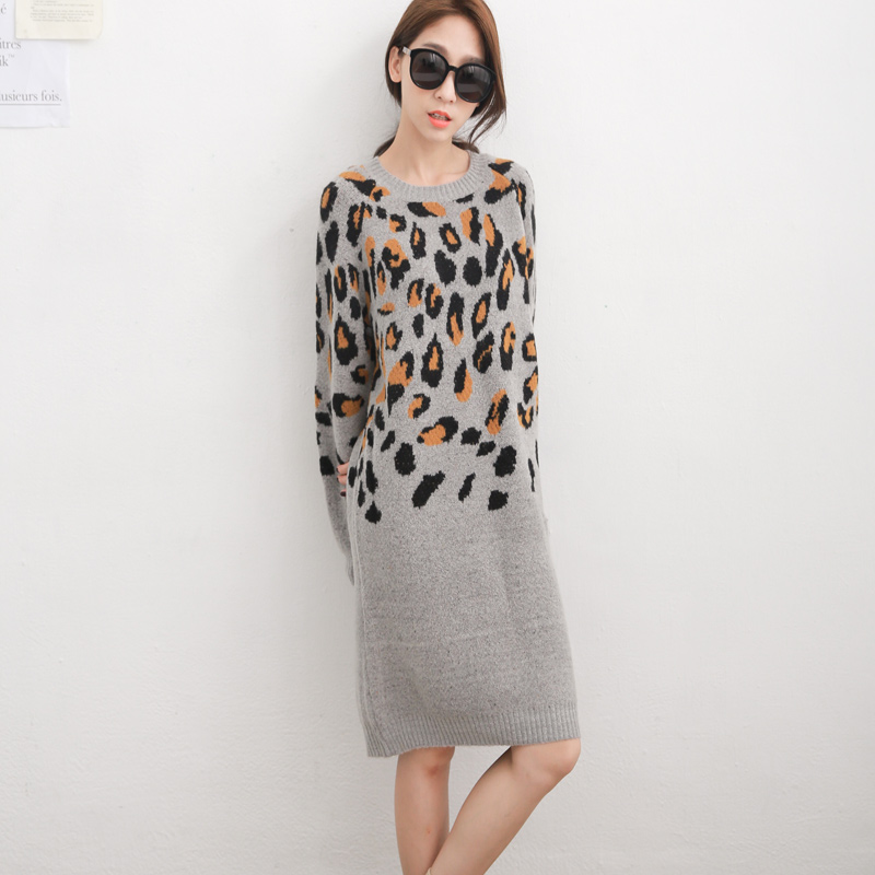 Elegant Dresses Winter Leopard Print Women Long Sleeve Shift Plus Size - Grey