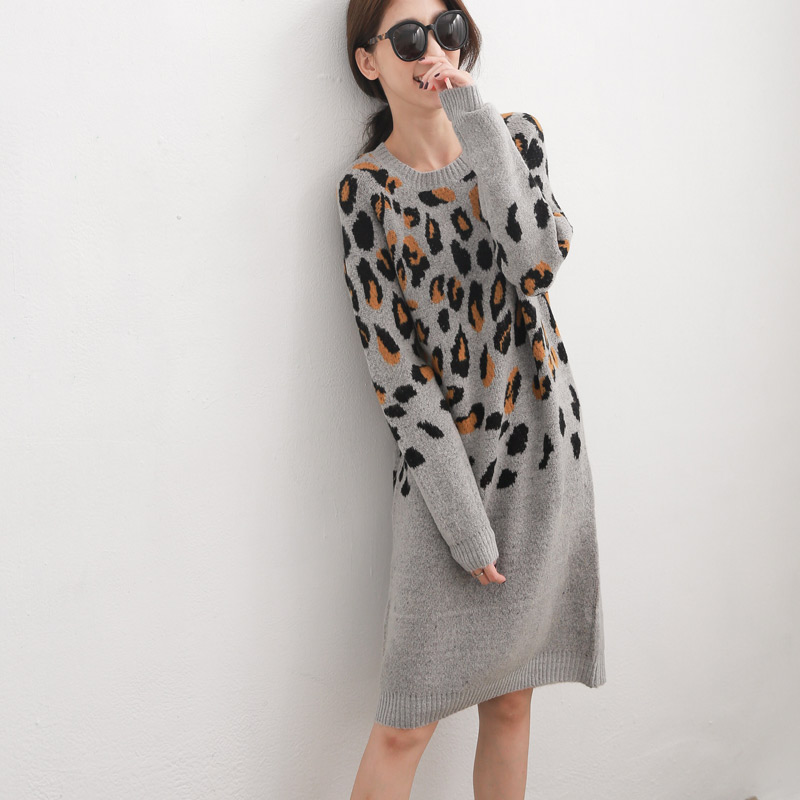 Elegant Dresses Winter Leopard Print Women Long Sleeve Shift Plus Size - Grey