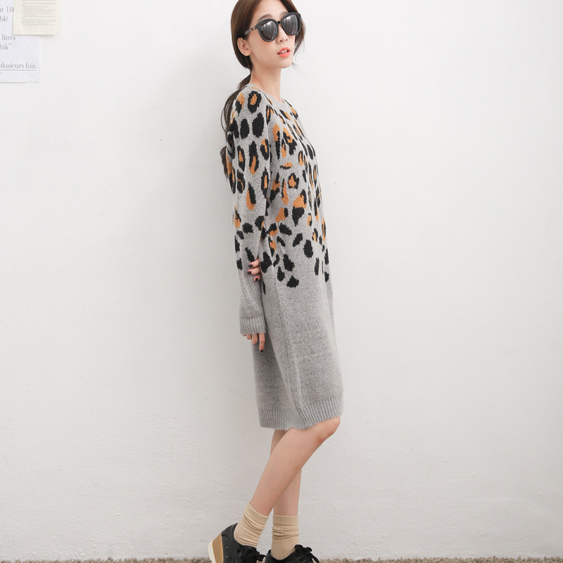 Elegant Dresses Winter Leopard Print Women Long Sleeve Shift Plus Size - Grey