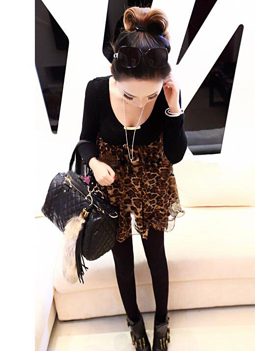 Fashion Dresses Ladies Leopard Print Chiffon Cotton Winter - Brown