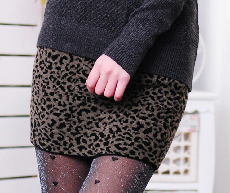 Fashion Dresses Ladies Wool Leopard Print Sexy Short Semi Bodycon - Khaki