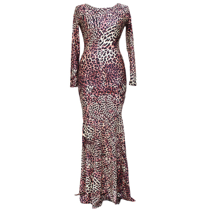 Fashion Dresses Spring Ladies Leopard Print Floor Length Long Printed - Red