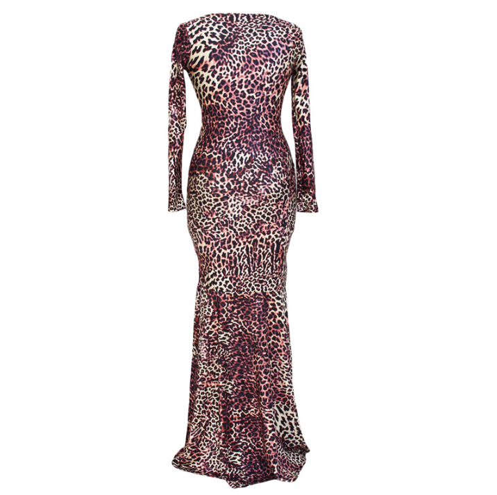 Fashion Dresses Spring Ladies Leopard Print Floor Length Long Printed - Red