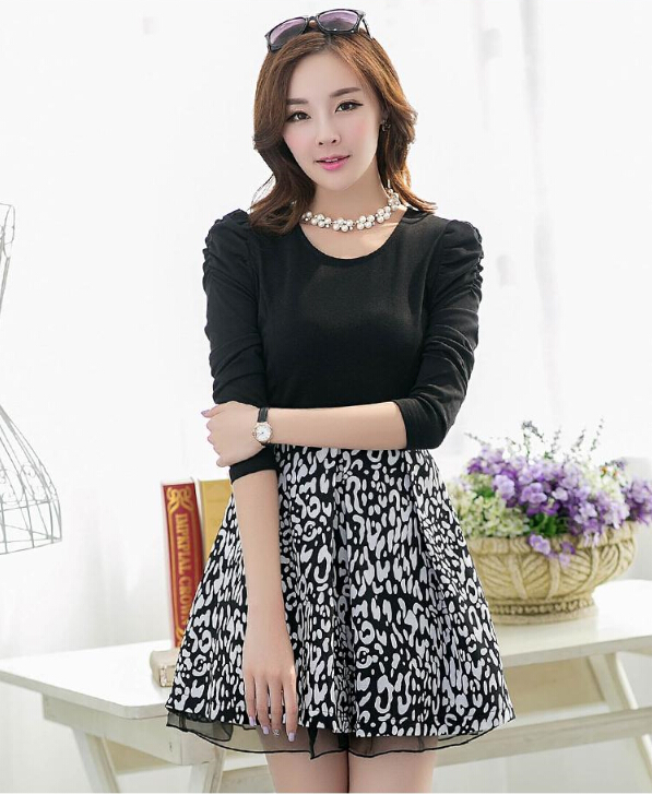Fashion Dresses Spring Ladies Leopard Print Tunic Printed Lace Plus Size - Black