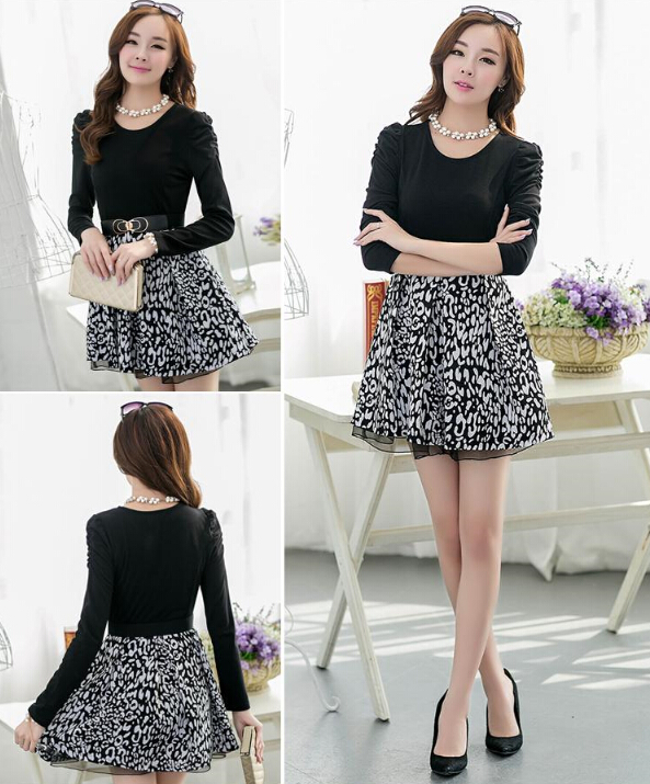Fashion Dresses Spring Ladies Leopard Print Tunic Printed Lace Plus Size - Black