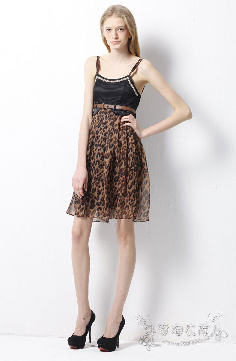 Fashion Dresses Summer Ladies Leopard Print Chiffon Sexy Knee Length - Brown