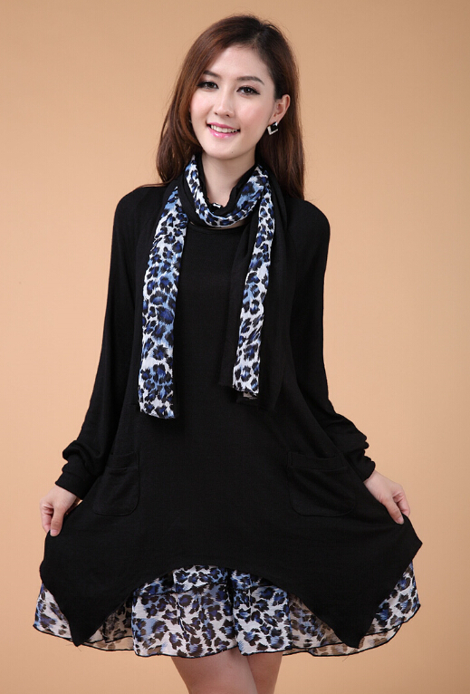 Fashion Dresses Winter Ladies Leopard Print Chiffon Plus Size Knitted - Black