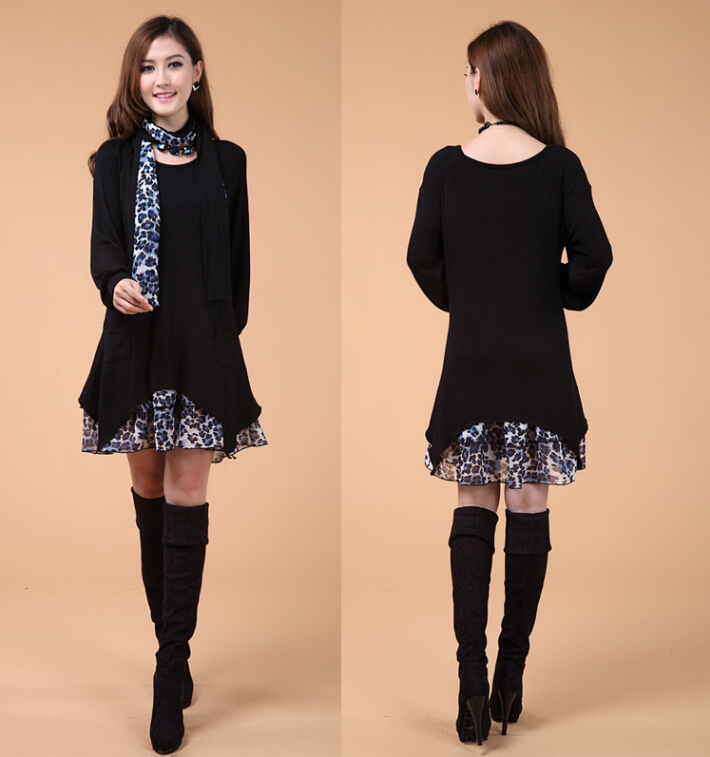 Fashion Dresses Winter Ladies Leopard Print Chiffon Plus Size Knitted - Black