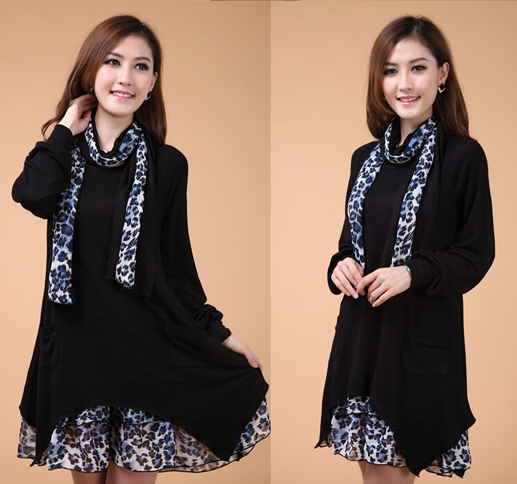 Fashion Dresses Winter Ladies Leopard Print Chiffon Plus Size Knitted - Black