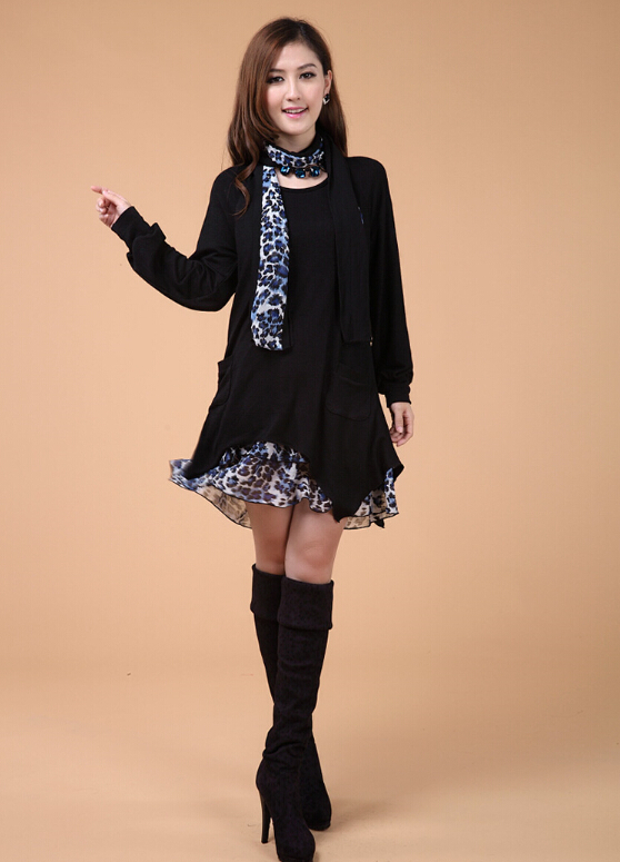 Fashion Dresses Winter Ladies Leopard Print Chiffon Plus Size Knitted - Black
