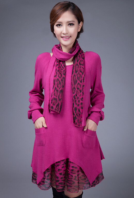 Fashion Dresses Winter Ladies Leopard Print Chiffon Plus Size Knitted - Rose