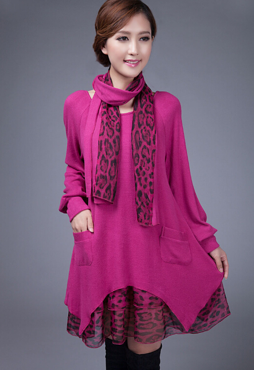 Fashion Dresses Winter Ladies Leopard Print Chiffon Plus Size Knitted - Rose
