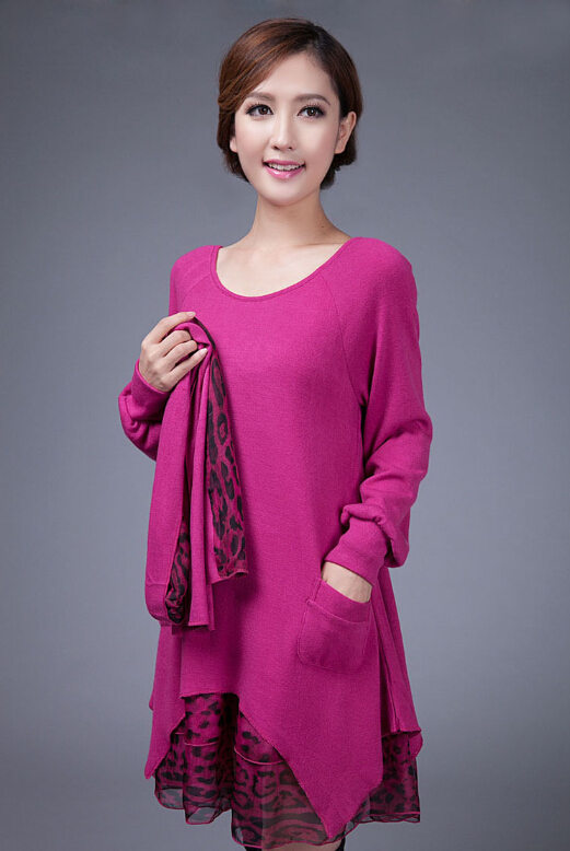 Fashion Dresses Winter Ladies Leopard Print Chiffon Plus Size Knitted - Rose
