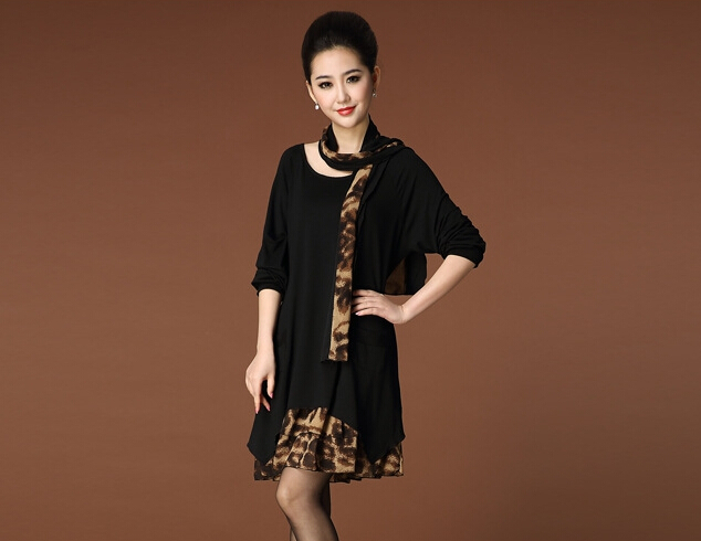 Fashion Dresses Winter Ladies Leopard Print Chiffon Plus Size Knitted Scarf - Black