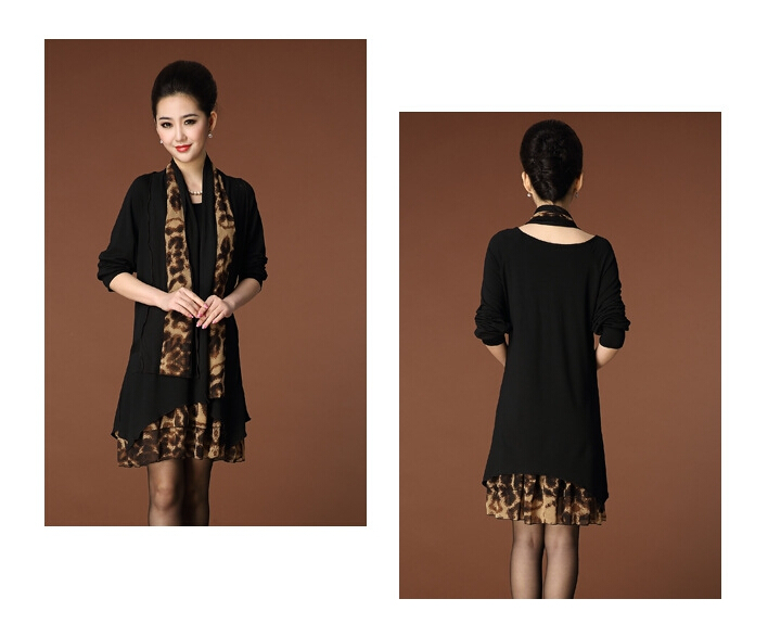 Fashion Dresses Winter Ladies Leopard Print Chiffon Plus Size Knitted Scarf - Black
