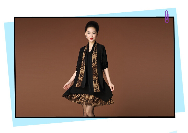 Fashion Dresses Winter Ladies Leopard Print Chiffon Plus Size Knitted Scarf - Black