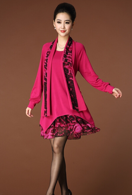 Fashion Dresses Winter Ladies Leopard Print Chiffon Plus Size Knitted Scarf - Rose