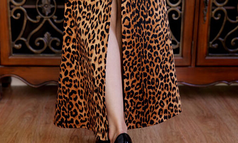 Fashion Dresses Winter Ladies Leopard Print Sexy Long Semi - Brown