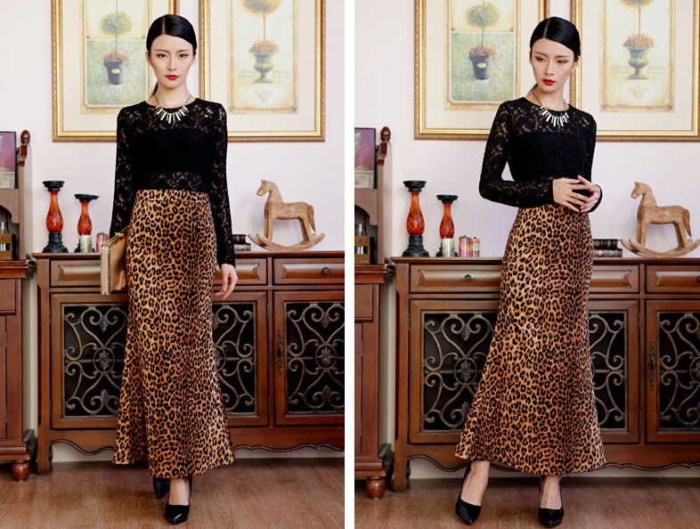 Fashion Dresses Winter Ladies Leopard Print Sexy Long Semi - Brown