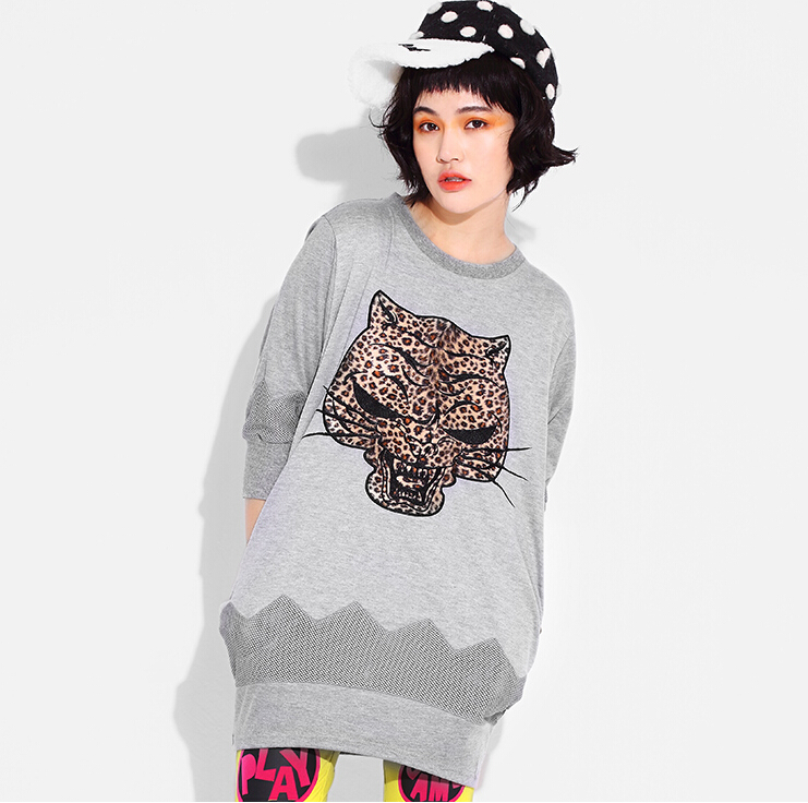 Fashion Dresses Winter Ladies Leopard Print Three-Quarter Sleeve Knitted House - Grey