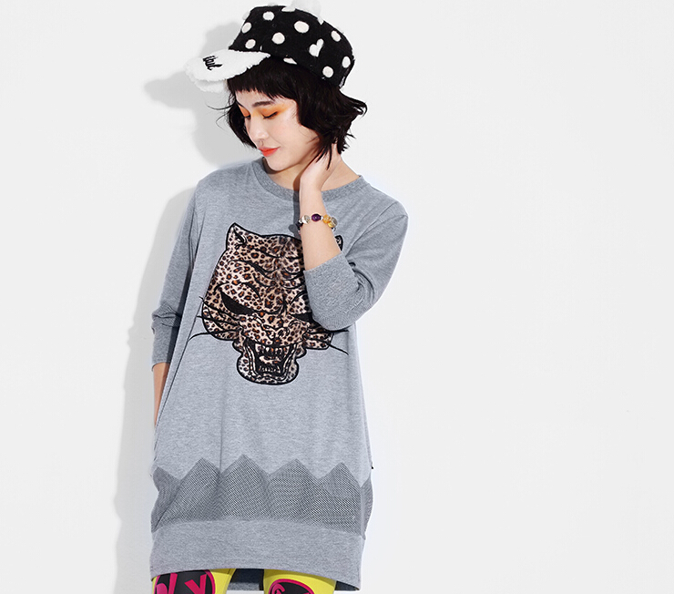Fashion Dresses Winter Ladies Leopard Print Three-Quarter Sleeve Knitted House - Grey