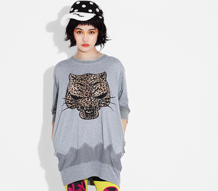 Fashion Dresses Winter Ladies Leopard Print Three-Quarter Sleeve Knitted House - Grey