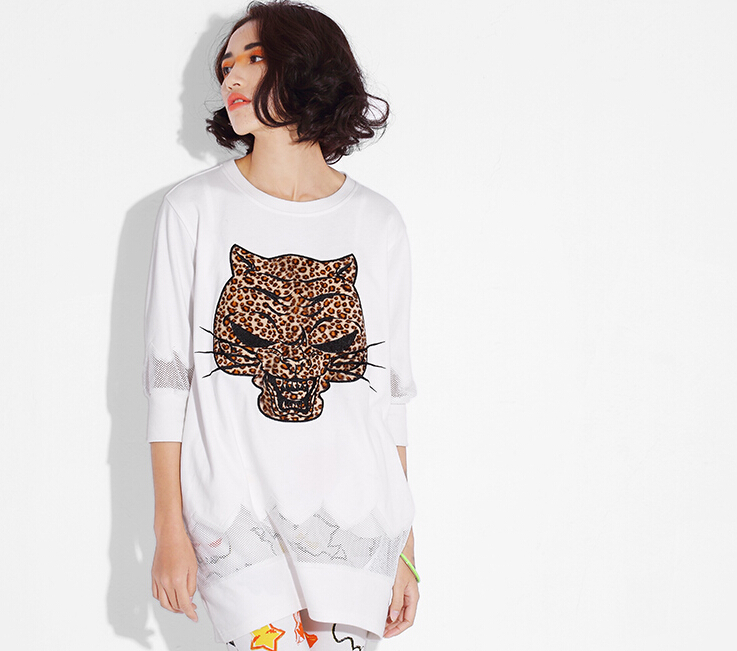 Fashion Dresses Winter Ladies Leopard Print Three-Quarter Sleeve Knitted House - White