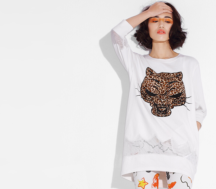 Fashion Dresses Winter Ladies Leopard Print Three-Quarter Sleeve Knitted House - White