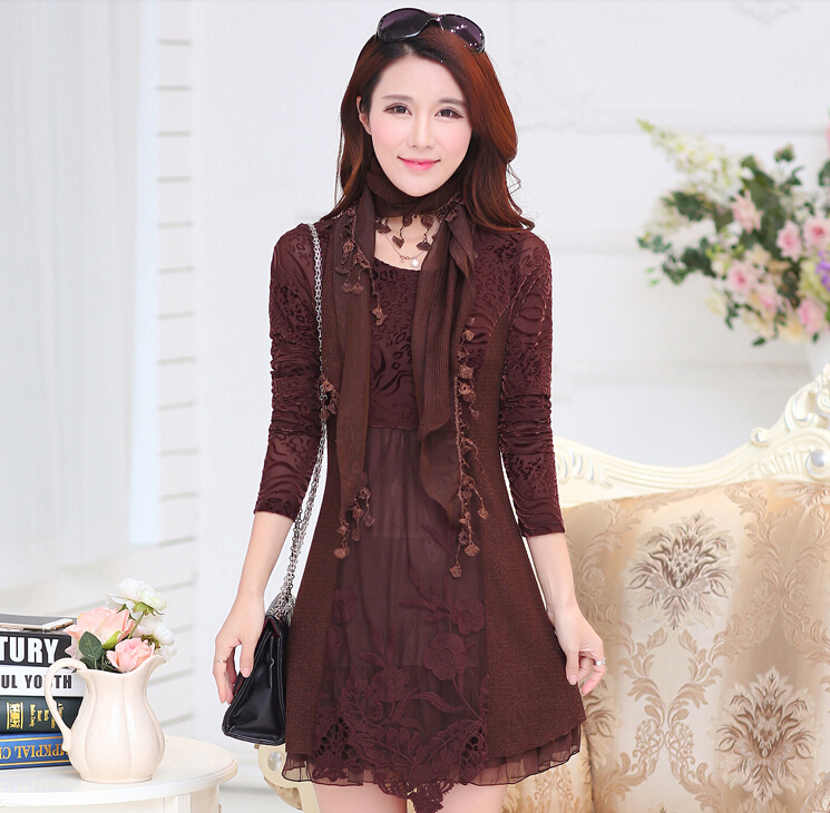 Fashion Dresses Women Winter Leopard Print Lace Long Sleeved - Coffee