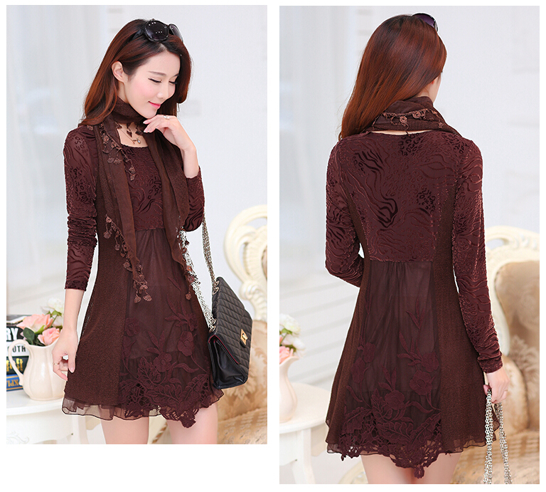 Fashion Dresses Women Winter Leopard Print Lace Long Sleeved - Coffee