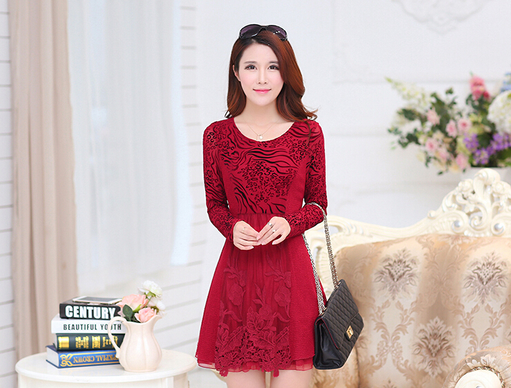 Fashion Dresses Women Winter Leopard Print Lace Long Sleeved - Red