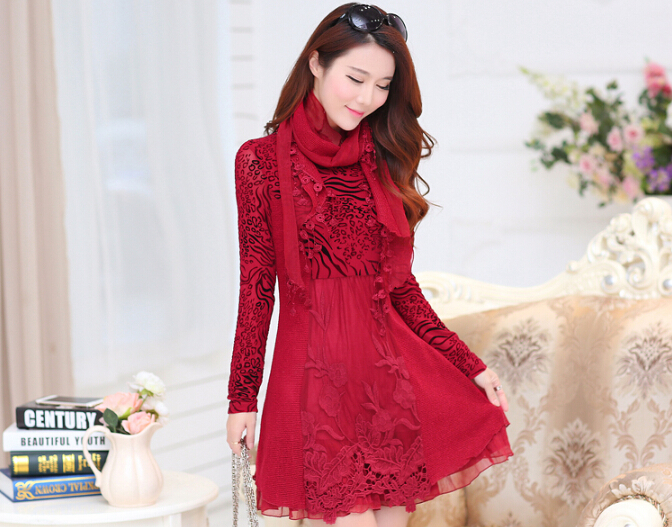 Fashion Dresses Women Winter Leopard Print Lace Long Sleeved - Red