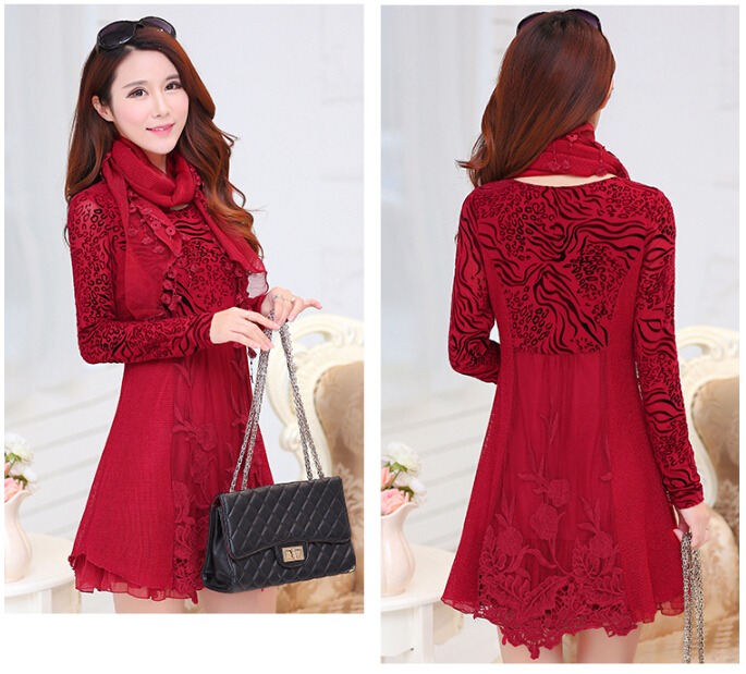Fashion Dresses Women Winter Leopard Print Lace Long Sleeved - Red