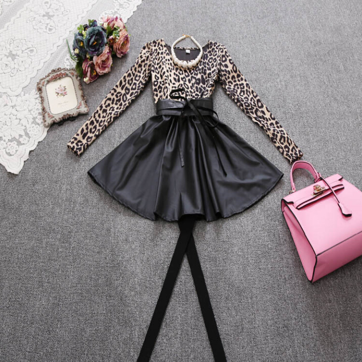 Fashion Dresses Women Winter Leopard Print Leather Long Sleeved - Grey