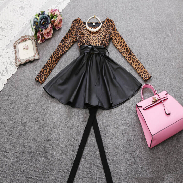 Fashion Dresses Women Winter Leopard Print Leather Long Sleeve - Yellow