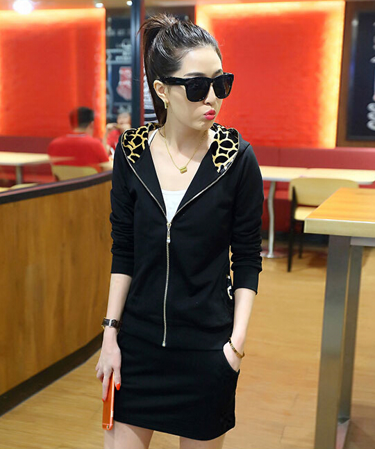 Fashion Dresses Women Winter Leopard Print Two Piece Zipper Long Sleeved - Black