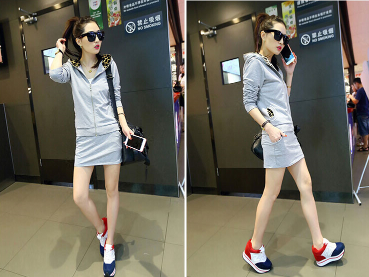 Fashion Dresses Women Winter Leopard Print Two Piece Zipper Long Sleeved - Grey