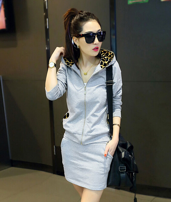 Fashion Dresses Women Winter Leopard Print Two Piece Zipper Long Sleeved - Grey