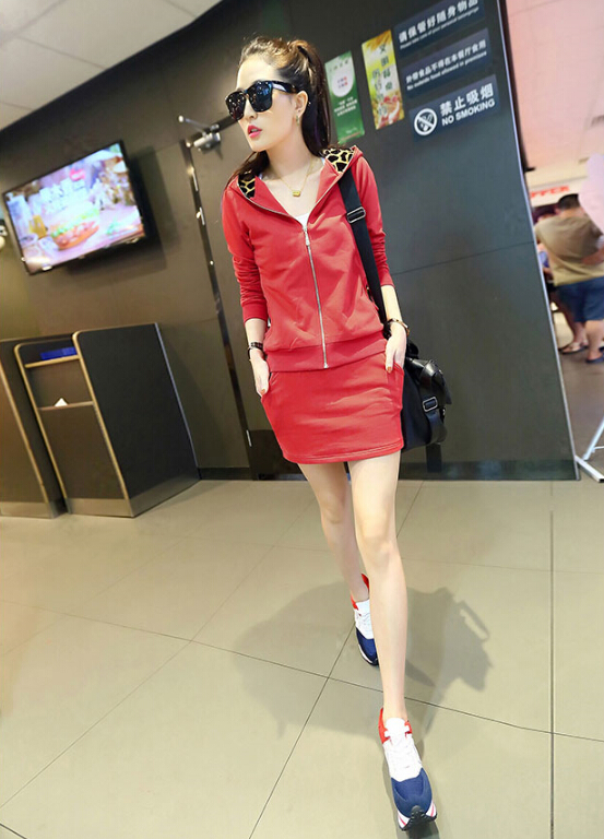 Fashion Dresses Women Winter Leopard Print Two Piece Zipper Long Sleeved - Red