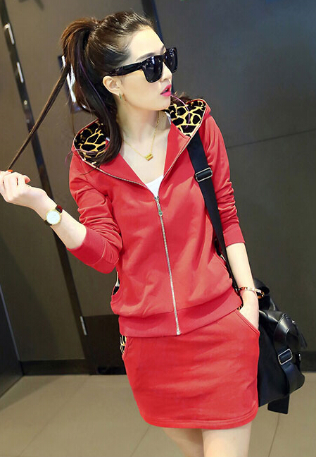 Fashion Dresses Women Winter Leopard Print Two Piece Zipper Long Sleeved - Red