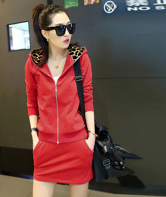 Fashion Dresses Women Winter Leopard Print Two Piece Zipper Long Sleeved - Red