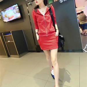 Fashion Dresses Women Winter Leopard Print Two Piece Zipper Long Sleeved - Red