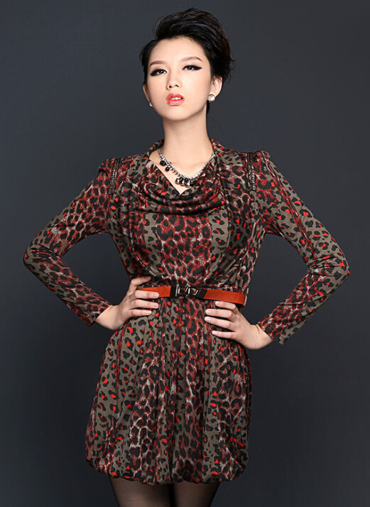 Funky Dresses Winter Ladies Leopard Print Tunic Printed Long Sleeved - Grey