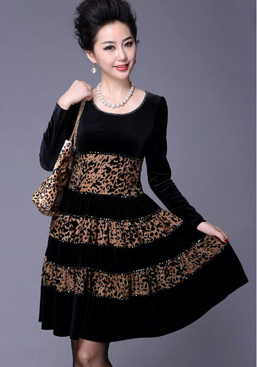 Funky Dresses Winter Ladies Leopard Print Velvet Knee Length - Black