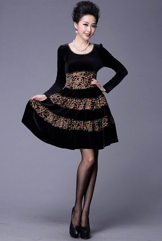 Funky Dresses Winter Ladies Leopard Print Velvet Knee Length - Black