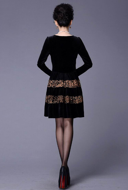 Funky Dresses Winter Ladies Leopard Print Velvet Knee Length - Black