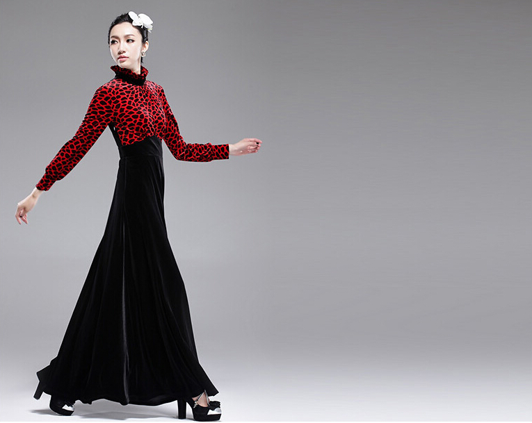 Funky Dresses Winter Ladies Leopard Print Velvet Long Plus Size - Black Red